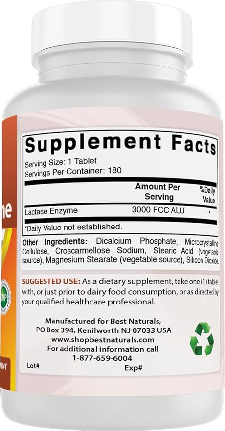 Best Naturals Fast Acting Lactase Enzyme Tablet, 3000 Fcc Alu, 180 Count (859375002900)