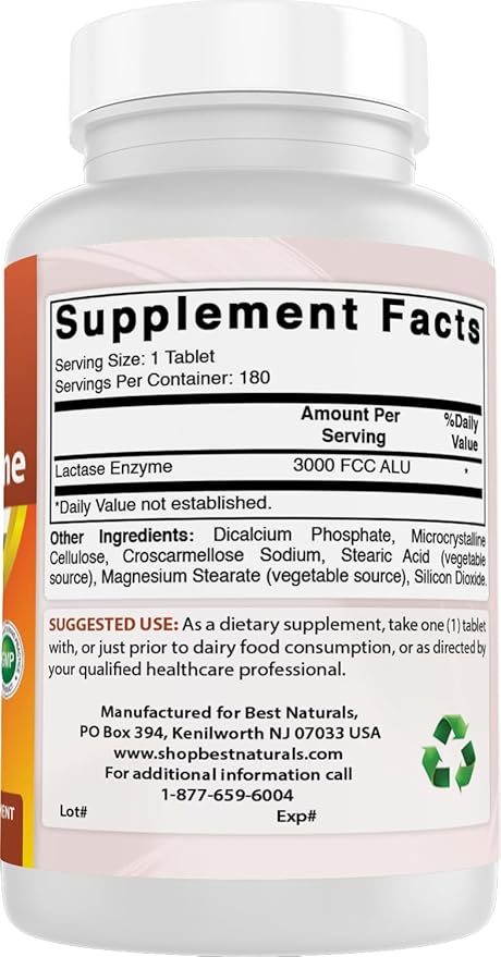 Best Naturals, Fast Acting Lactase Enzyme, 3000 FCC ALU, 180 Tablets (180 Count (Pack of 3))