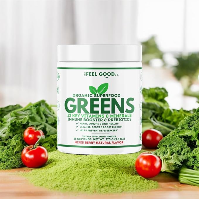 The Feel Good Super Greens Powder - Organic Green Juice, Wheat Grass No Added Sugar, Spirulina, Chlorella, Probiotics, Digestive Enzyme, Antioxidant Rich, Immunity Boost Green Superfood, 35 SVG, Daily