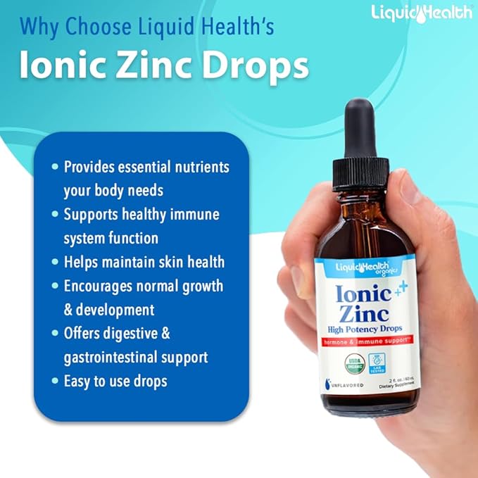 LIQUIDHEALTH USDA Organic Ionic Zinc High Potency Drops - Trace Mineral Liquid Vitamin Supplement for Adults & Kids - Immune & Digestive Support, Skin & Wound Health - USA Made, Vegan, Non-GMO (2 oz)