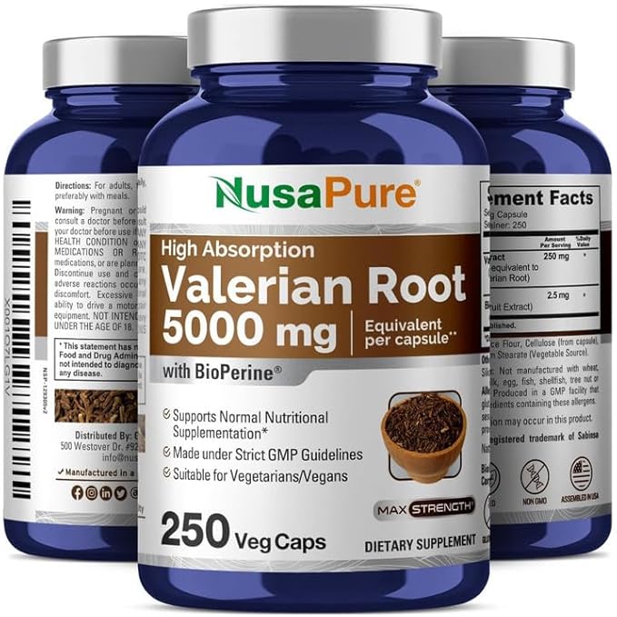 NusaPure Valerian Root 20:1 Extract, 250 mg Equivalent to 5000mg Per Veggie Caps, 250 Count, Vegan, Non-GMO, Bioperine