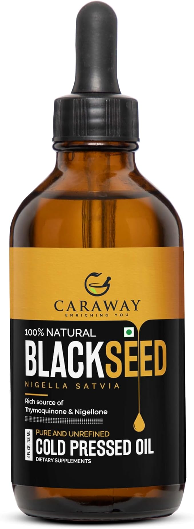 CARAWAY Black Cumin Seed Oil – Cold Pressed Black Seed Oil rich in Thymoquinone – Immunity Booster – Hair Care – Glass Bottle – 8 oz / 236 ml