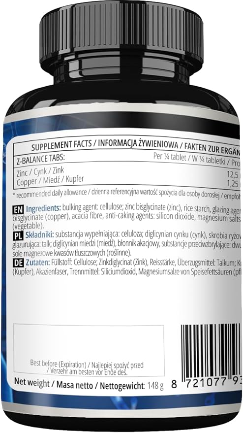 Z-Balance - Zinc 12,5mg + Cooper - 180 Tablets Capsules - 720 Servings - Zinc bisglycinate and Cooper bisglycinate - Supplement for Healthy Hair, Skin and Nails - by Apollo's Hegemony