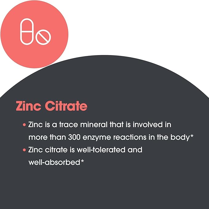 Allergy Research Group Zinc Citrate Supplement - 25mg Zinc for Men & Women, Immune Support, Pure, Well-Absorbed, Well-Tolerated, Trace Mineral, Vegetarian Capsules - 60 Count