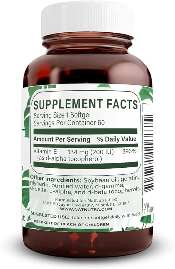 Natural Nutra Vitamin E 200 IU Supplement for Skin, Hair and Nails, Promote Heart Health, Helps Reduce Redness, Helps to Prevent Skin Texture, Promoted Immune System, Gluten Free, 60 Softgels