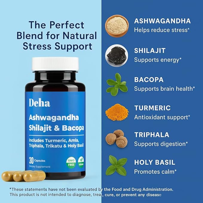 Ashwagandha Shilajit Bacopa Capsules Stress Support, Cognitive Support, Digestive Health with Turmeric, Amla & Triphala – GMP Certified, Non-GMO, Vegan – 30 Count