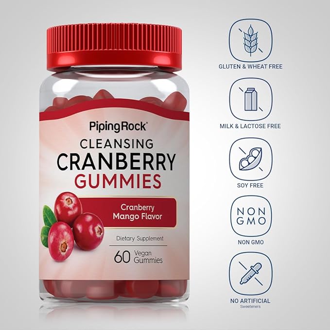Piping Rock Cranberry Gummies | 60 Count | Cranberry Mango Flavor | Cleansing Supplement | Vegan Gummy | Non-GMO, Gluten Free