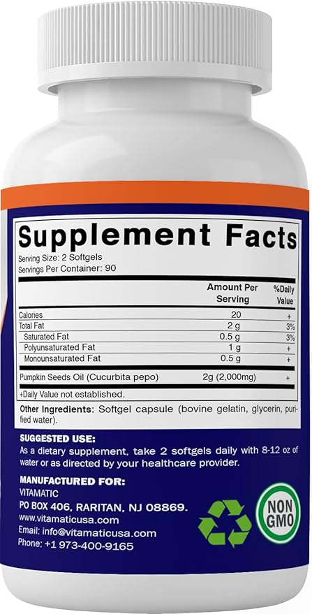 Vitamatic Pumpkin Seed Oil 2000mg – 180 Softgels (Pack of 2-360 Count)