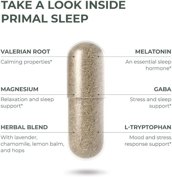 Primal Harvest Primal Sleep Support Supplement, 60 Capsules with Valerian Root, L-Tryptophan, GABA, Chamomile, and Melatonin 3mg