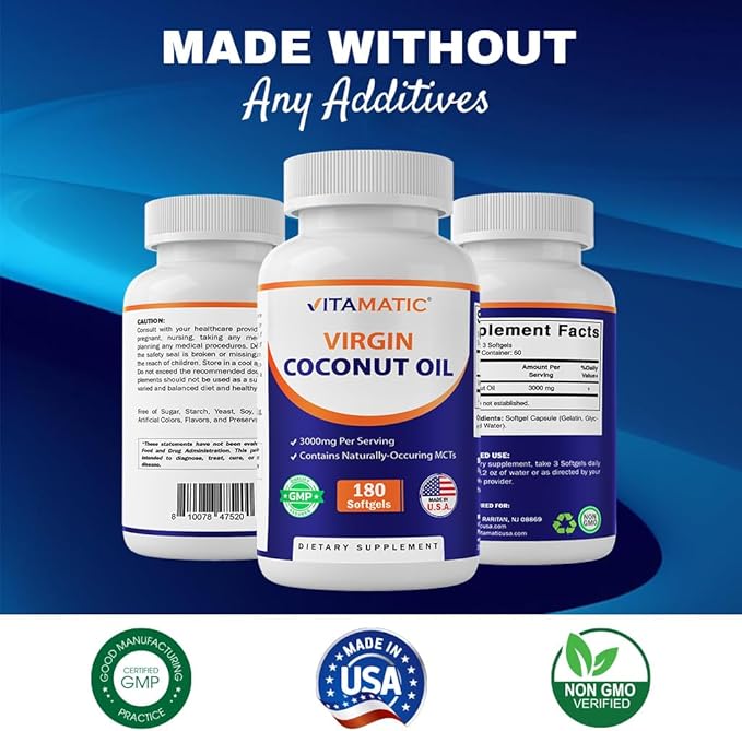 Vitamatic Virgin Coconut Oil Softgels, 3000 mg Per Serving, 60 Servings, 180 Count, Non-GMO, Gluten Free