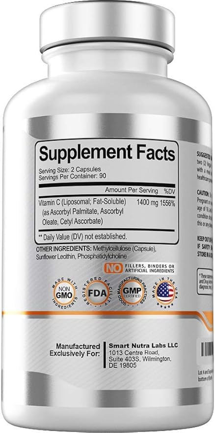 Liposomal Vitamin C 1400mg- 180 Vegan Capsules- China Free Ingredients, Fat Soluble High Absorption VIT C- Supports Healthy Immune System & Collagen Booster- Powerful Antioxidant Support Supplement