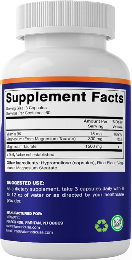 Vitamatic Magnesium Taurate 1500mg per Serving - 180 Vegetarian Capsules (Provides 300 mg of Elemental Magnesium) - Added B6 for Maximum Absorption - Supports Muscle, Joint, and Heart Health*