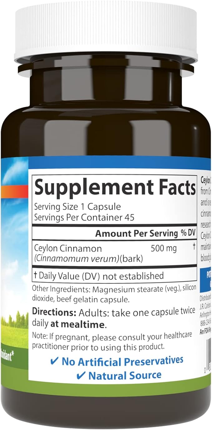 Carlson - Ceylon Cinnamon, Cinnamon Supplements, 500 mg, Cinnamon Extract Pills, Ceylon Cinnamon Capsules, 45 Capsules