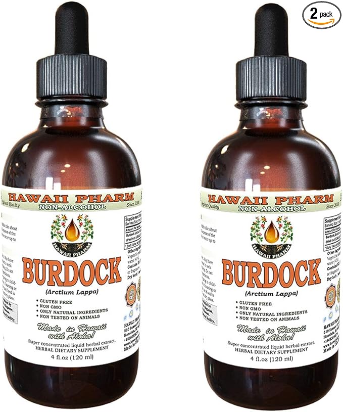 Burdock Alcohol-Free Liquid Extract, Organic Burdock (Arctium Lappa) Dried Root Glycerite Hawaii Pharm Natural Herbal Supplement 2x4 oz