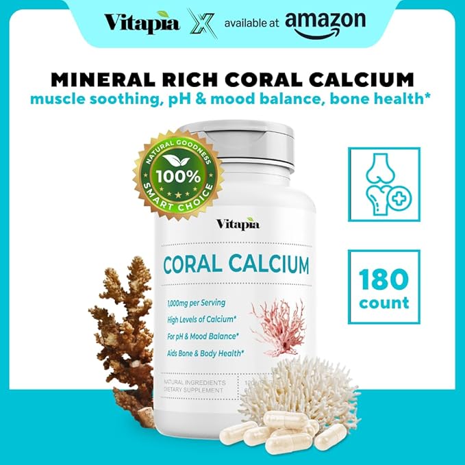 Coral Calcium Powder 1000mg Capsules for Overall Health, Bone Health, PH Level Balance, Trace Minerals Support - 180 Veggie Capsules - Non-GMO & Gluten-Free Supplement