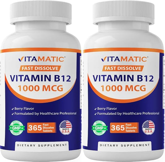 Vitamatic Vitamin B12 1000 mcg Fast Dissolve Tablets – Natural Berry Flavor – 365 Tablets per Bottle - 2 Bottles – Supports Energy Metabolism & Nervous System Health
