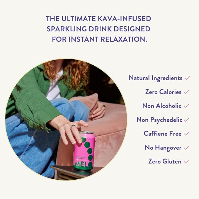 Melo Sparkling Kava Drink, Passionfruit, Orange & Guava, Sugar Free Non Alcoholic Drinks with Zero Calories, Gluten Free, Vegan, 100% Natural Mocktail with 100mg Kava Root per Drink, 6 Pack, 12 oz Cans