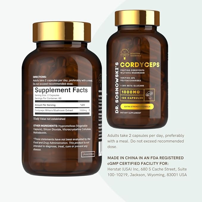 Dr Sosnowski's BioActive Cordyceps Mushroom Capsules | 1000mg High Strength Cordyceps Extract for Daily Support (120 Capsules)