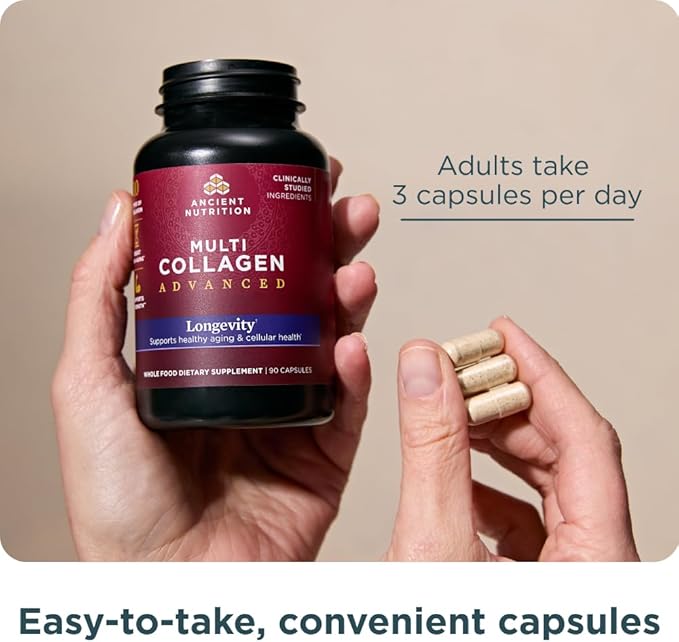 Ancient Nutrition Multi Collagen Advanced Longevity with Probiotics, Hydrolyzed Collagen Peptides Promotes Healthy Aging and Cellular Energy, 90 Count