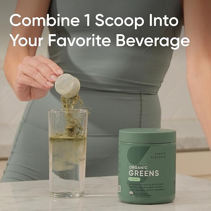 Sports Research® Organic Greens Superfood Powder w/Spirulina & Chlorella, Adaptogens, Enzymes, Probiotics & 8 VIT Bs for Gut & Mood Support* - Vegan, Sugar-Free & Low-Cal Original 30 Servings