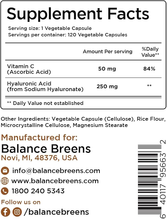 Pure Hyaluronic Acid Supplement 250mg with Vitamin C 50mg, 120 Vegan Capsules - Skin Hydration for Natural Glow, Hair, Nails, Bone & Joint Health Formula