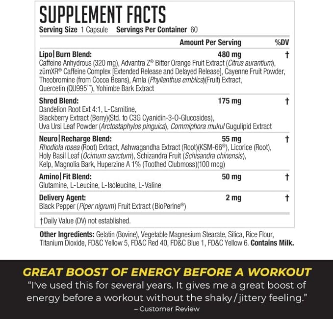 NDS Nutrition XT - Super Concentrated Thermogenic with L-Carnitine & Teacrine for Shredding Fat - Supports Maximum Energy, Focus, Calorie Burning, Diuretic, Appetite Control (60 Capsules)