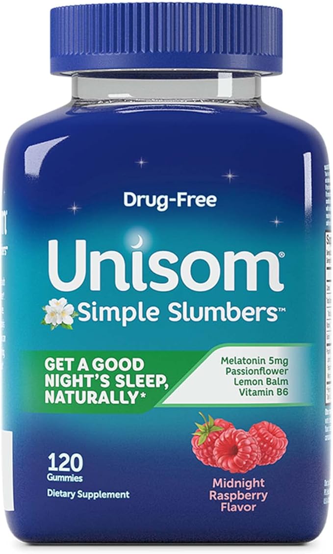 Unisom Simple Slumbers Drug-Free Sleep Aid Gummies, Melatonin 5mg, Sleep Support for Adults, Midnight Raspberry Flavor, 120 Count