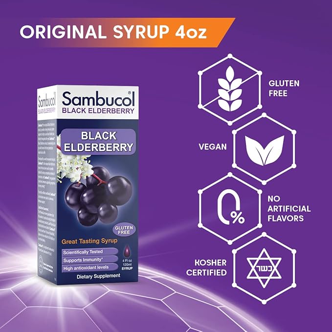 Sambucol Black Elderberry Syrup - Sambucus Elderberry Syrup, Black Elderberry Liquid, Immune Support, Elderberry Syrup for Kids and Adults, High Antioxidants, Gluten Free - Original Formula, 4 Fl Oz