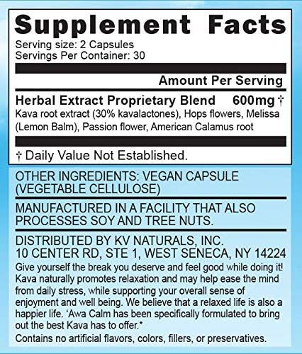 ‘Awa Calm Capsules - Kava-Based Herbal Supplement with 30% Kavalatone, Calamus Root, Passion Flower, Lemon Balm & Hops (60 Capsules)