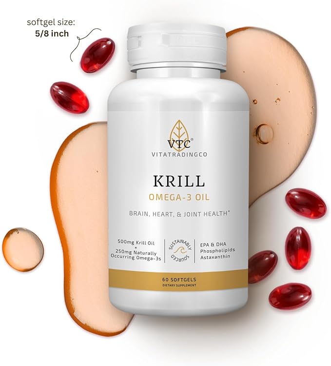 VTC VitaTradingCo. Krill Omega-3 Oil Supplement | 100mg Pure Antarctic Neptune Krill Oil (NKO) | EPA & DHA Astaxanthin | Brain, Heart, Joint & Eye Support | 60 Softgels