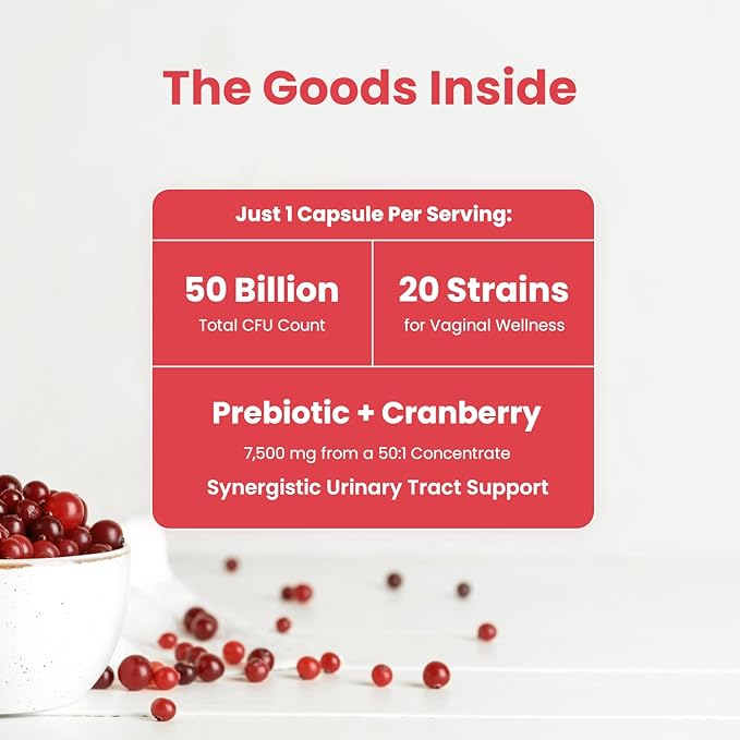 Vaginal Probiotics for Women pH Balance | 50 Billion CFU Womens Probiotic + Cranberry Pills for Vaginal Health, Healthy Odor, Yeast, Urinary Tract | Vegan Women's Probiotics and Prebiotics Supplement