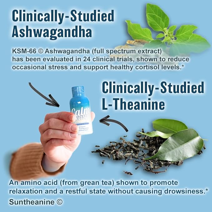 Calm & Easy - Natural Stress Relief Shot, KSM-66 Ashwagandha, Suntheanine L Theanine, Calming Adaptogen Drink, Relaxation, Focus, and Mood | 2 oz Liquid Bottle (6 Pack)