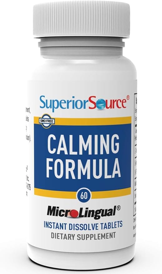 Superior Source Calming Formula, L-Theanine, Melatonin, Under The Tongue Quick Dissolve MicroLingual Tablets, 60 Ct, 5-HTP for Enhanced Serotonin Conversion, Positive Mood and Sleep Support, Non-GMO
