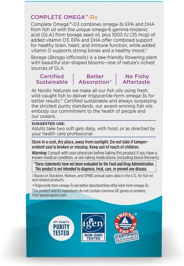 Nordic Naturals Complete Omega-D3, Lemon Flavor - 60 Soft Gels - 565 mg Omega-3 + 70 mg GLA + 1000 IU Vitamin D3 - EPA & DHA - Healthy Skin, Cognition, & Positive Mood - Non-GMO - 30 Servings