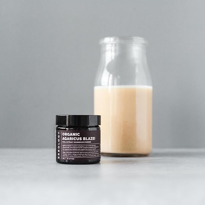 Erbology Organic Agaricus Blazei Dual Extract Powder 30 Servings - 23% Beta-glucans - Immunity and Heart - Small Batch - Sustainably Grown in Europe - Vegan - Non-GMO - No Added Fillers