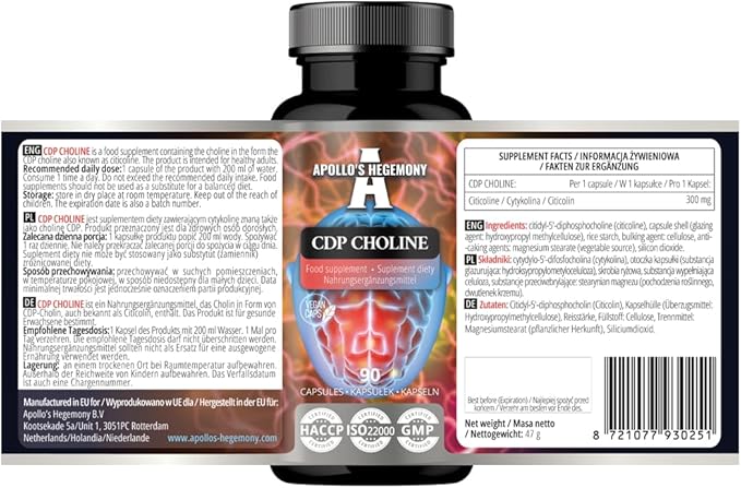 APOLLO'S HEGEMONY CDP Choline 300 mg - Citicoline 90 Vegan Capsules - 3 Months Supply - Lipid Choline - High Strength Nootropic Supplement to Improve Memory and Concentration