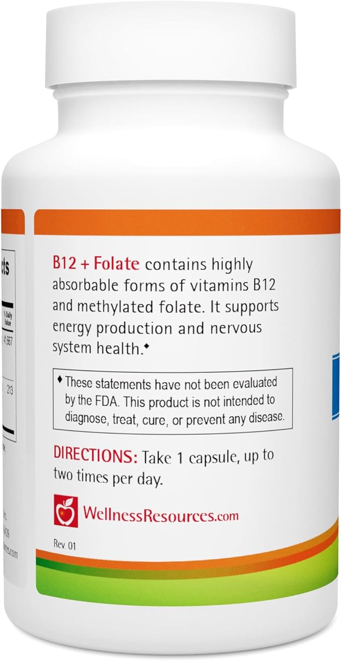 Wellness Resources B12 and Folate Supplement - Methyl B12 1000 & Methylated Folate for High Absorption, Gluten Free, Immune Support Supplement, B12 and Folate for MTHFR, 5-MTHF