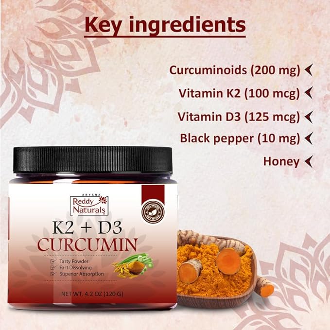 Reddy Naturals Turmeric Curcumin with K2 D3 and Black Pepper - Natural Supplement for Joint, Bone & Immune Health - Water-Soluble Powder with Honey - 4.2 oz (120g)