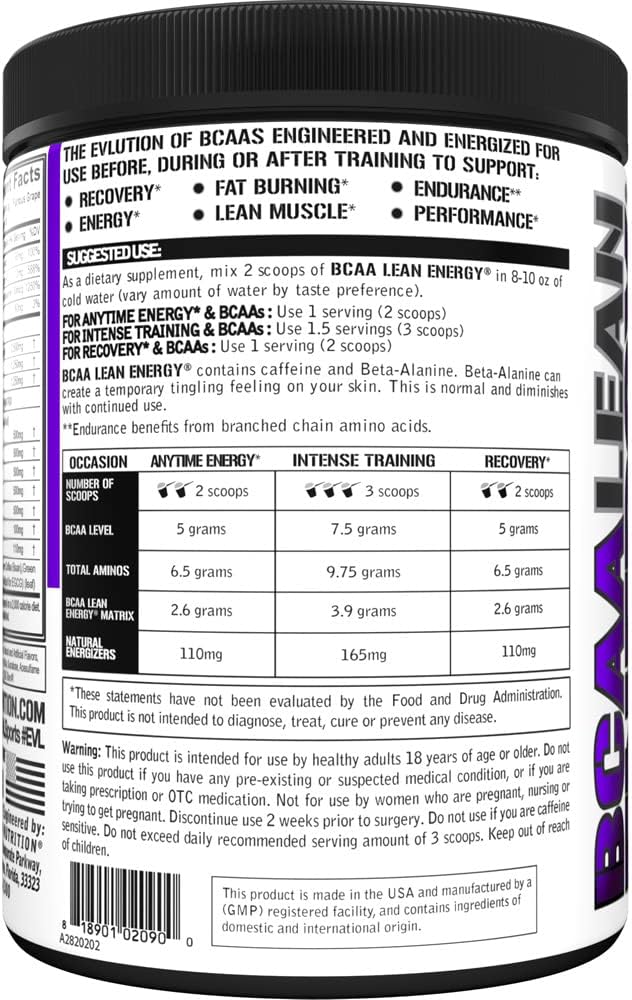 EVL BCAA Lean Energy Powder - Pre Workout Green Tea Fat Burner Support with BCAAs Amino Acids and Clean Energizers - BCAA Powder Post Workout Recovery Drink for Lean Muscle Recovery - Furious Grape