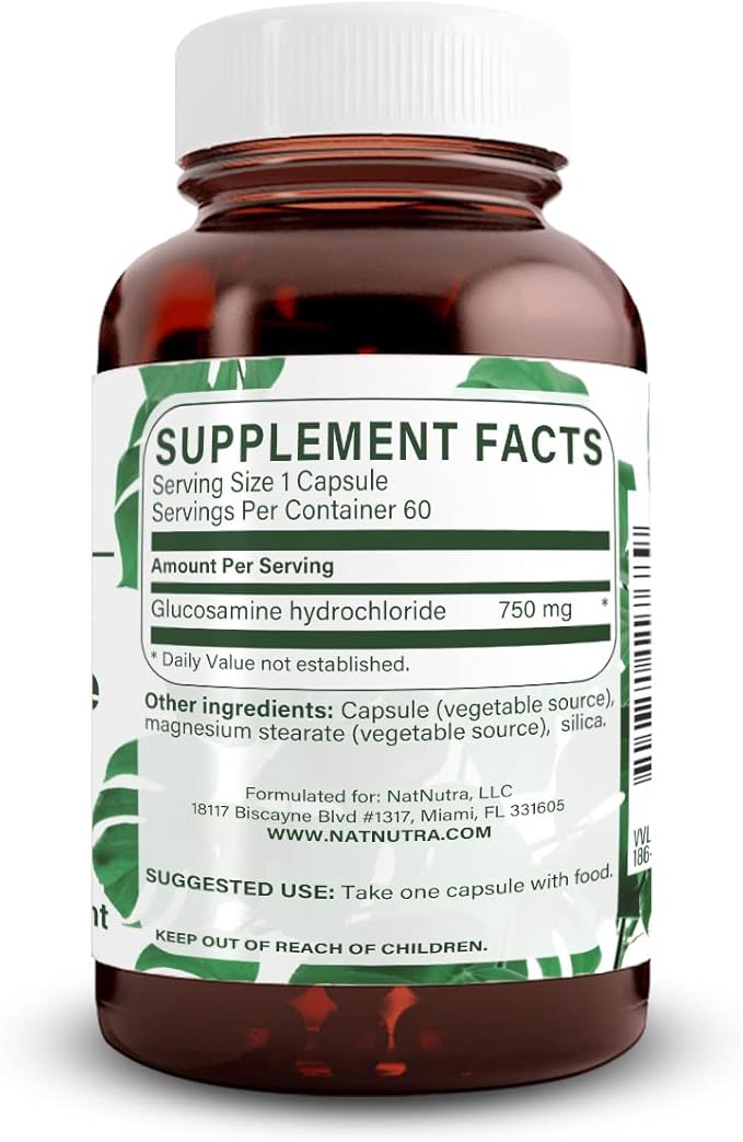 Natural Nutra Vegan and Vegetarian Glucosamine Hydrochloride for Men and Women, Kosher, Shellfish Free, Help Muscles Gristle & Joint Health, Plant Based, Joint Support Supplement, 750mg, 60 Capsules