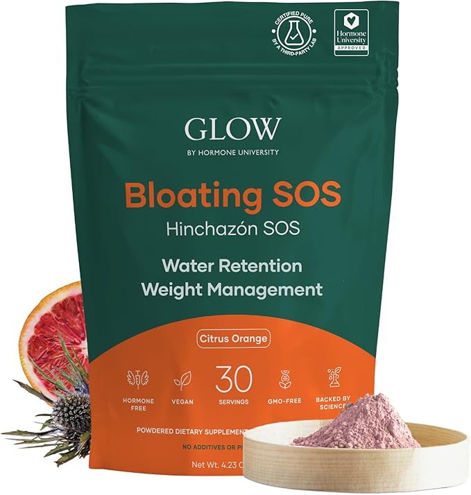 Glow Bloating SOS Powder, 4.23 Oz, Bloating Relief for Women with Morosil & Digestive Enzymes, for Water Retention, Metabolism, Gut Health & Immune Support, Hormone-Free, Citrus Orange