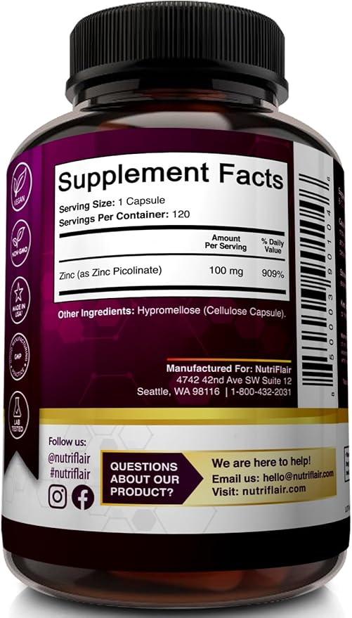 NutriFlair Zinc Picolinate 100mg, 120 Capsules - Vegan, Non-GMO, Made in USA, Third-Party Lab Tested