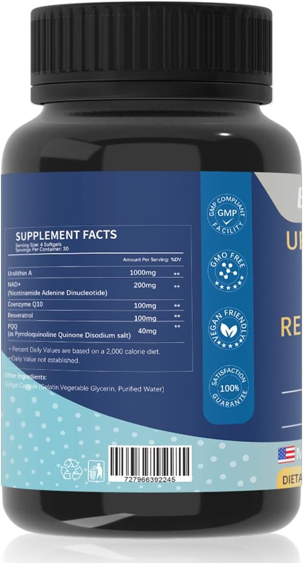Urolithin A Supplement 1,000mg with NAD+,CoQ10,Resveratrol,PQQ Supplement for Healthy Aging, Antioxidants and Mitochondrial Support,120 Capsules - 30 Servings