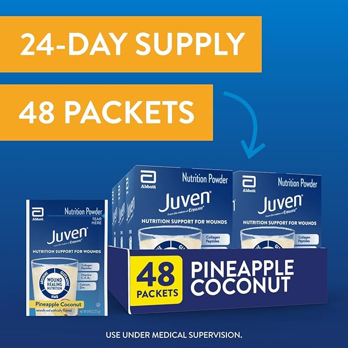 Juven Therapeutic Nutrition Drink Powder Including Collagen Peptides, Amino Acids, and HMB for Wound Healing Support, Pineapple Coconut, 48 Packets