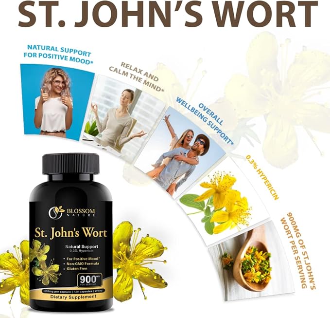 St Johns Wort 900mg-Mood Support Supplement*-Calm Supplements*-120 Vegetable St Johns Wort Capsules(2 Month Supply),450mg of Vegan, Non-GMO St. John's Wort (Hypericum Perforatum),0.3%Hypericin per Cap
