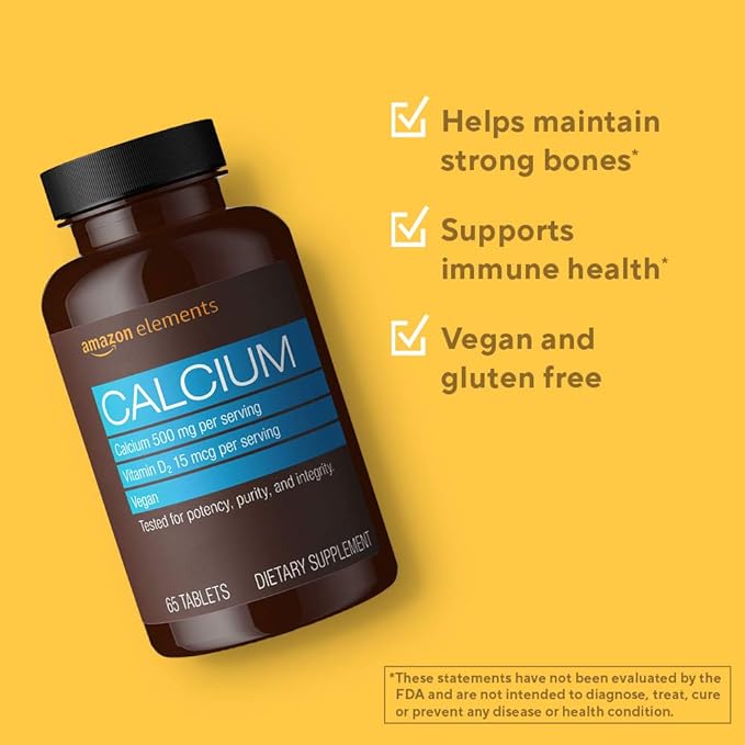 Amazon Elements Calcium Plus Vitamin D2, 65 Tablets (2 Month Supply) (Packaging May Vary) (Pack of 2)
