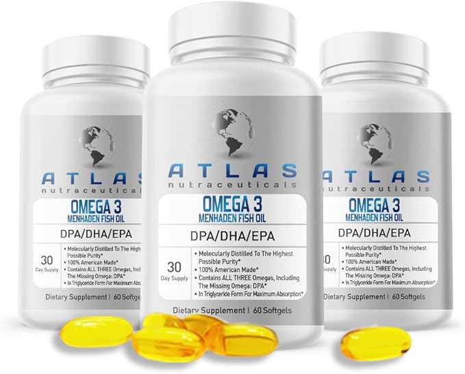 Atlas Nutraceuticals-Atlantic Caught Menhaden Fish Oil-Omega 3-2400mg, Burpless, Made in The USA, DPA/DHA/EPA-60 Softgels (1)