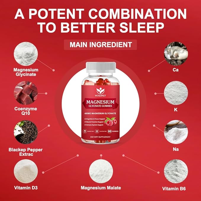 400mg Magnesium Glycinate Gummies with 200mg Magnesium Malate, Vitamin D, B6, and CoQ10, Magnesium Glycinate Supplement for Relaxation and Cognition, Sugar Free, Raspberry Flavor - 60 Gummies
