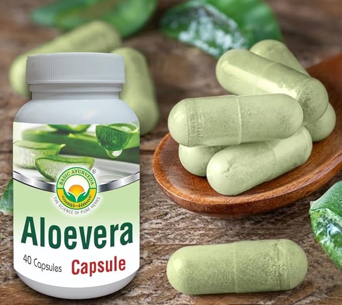 BASIC AYURVEDA Aloe Vera Caplets | Support Gut Health - Digestive Health & Immune Health | Natural Herbal Supplement | Helps Maintain Balanced Stomach Acidity, Aloin Free | 460mg / Cap (40 Count)