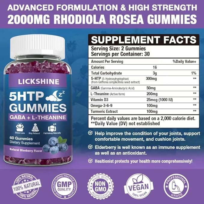 2 Pack 300MG 5-HTP GABA Sleep Supplement Gummies with 200mg L-Theanine Supplement for Brain, Mood Stabilizer and Sleep Support, Melatonin-Free, Omega 3-6-9 for Natural Zzzs, Blueberry Flavor